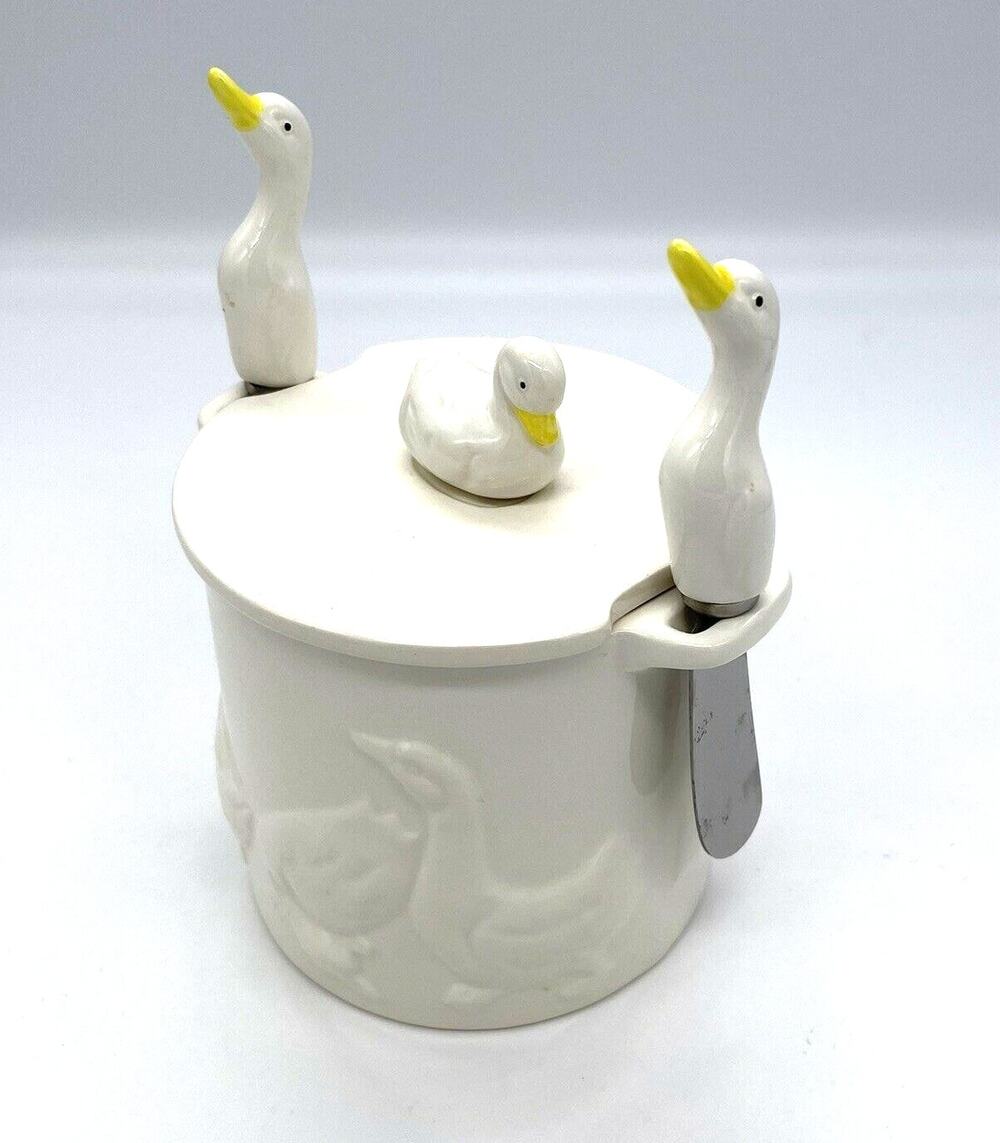Shafford Hand Painted Duck 4" Canister with 2 Matching Spreaders Japan *Sm Chip
